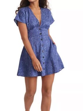 Marine Layer Camila Blue Floral Button-Front Mini Dress Spring Tie Waist Sz M